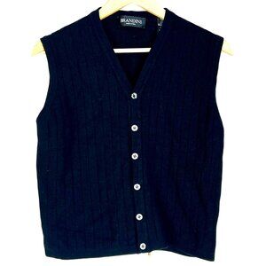 Brandini Ribbed Black 100% Merino Wool Button Up Sweater Vest L Made In Italy